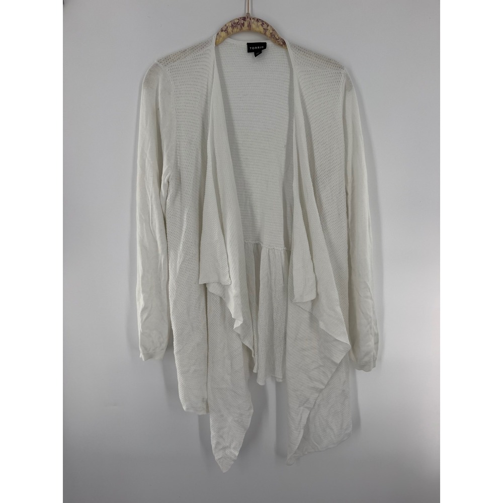 Torrid White Pointelle Knit Waterfall Draped Peplum Cardigan Sweater Size 1 L XL